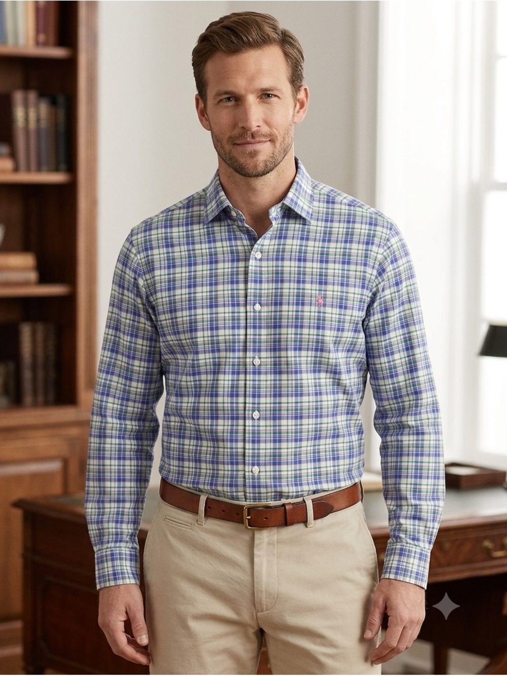 POLO BY RALPH LAUREN Mens Periwinkle/Green/White Plaid Button-Down Shirt - SZ LG